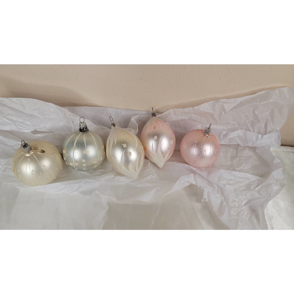 5 vintage white/pink glass pastel ornaments made in Austria